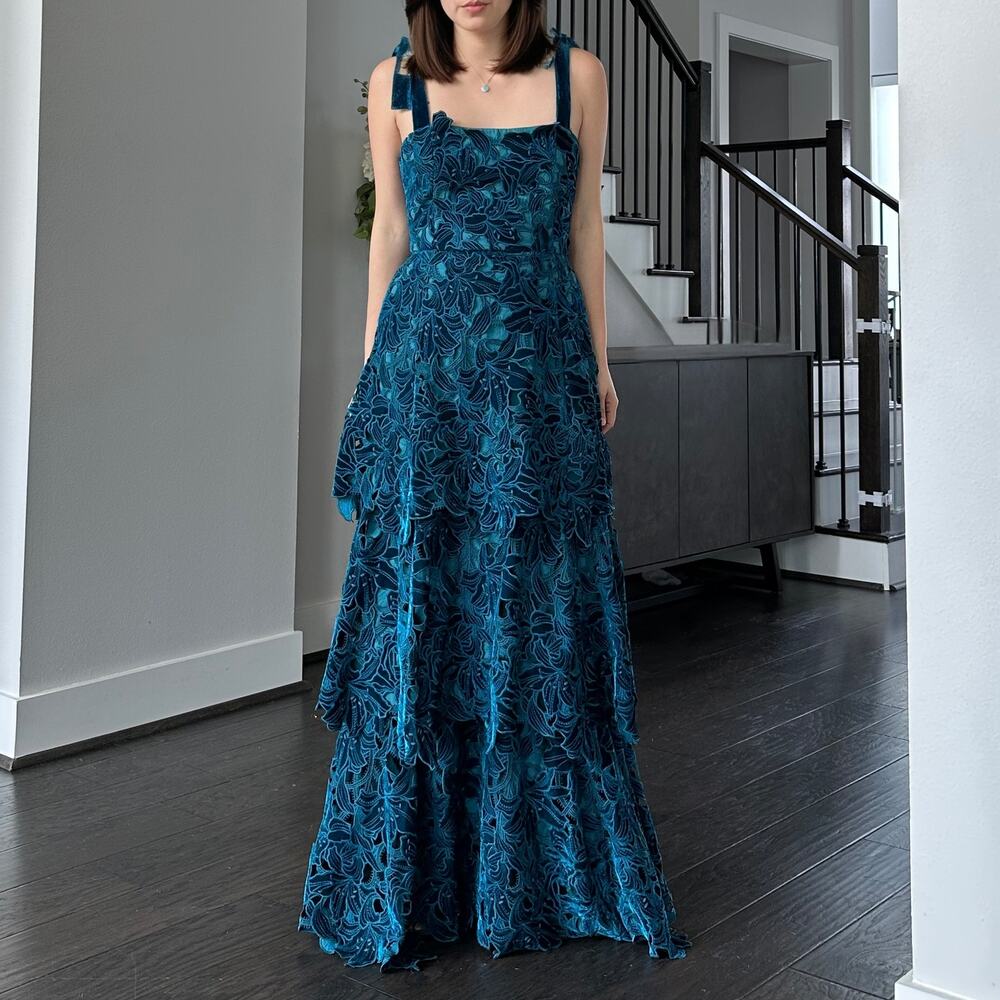 Mestiza New York Cataleya Lace Midi Blue Floral velvet Dress Sample